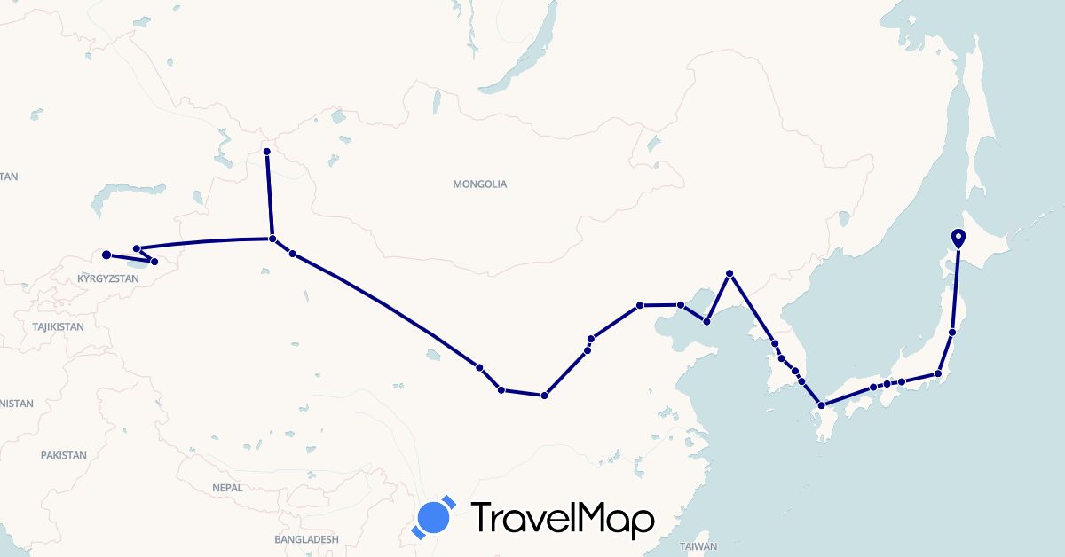 TravelMap itinerary: driving in China, Japan, Kyrgyzstan, South Korea, Kazakhstan (Asia)